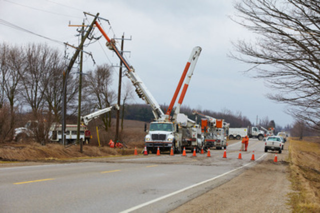 Hydro One crews work to restore power to customers in Shakespeare, ON. in the aftermath of a storm that knocked out power to 150,000 customers and caused extensive damage across parts of Hydro One's electricity distribution system.